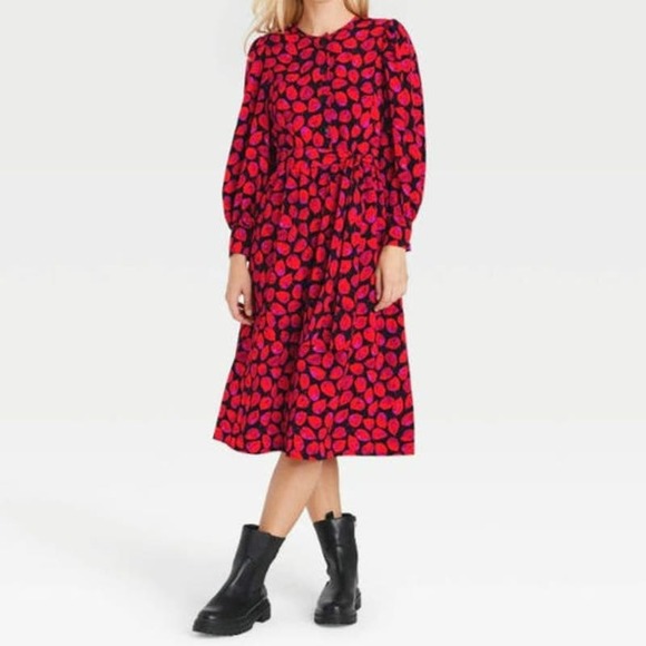 Who What Wear Red Leaf Bubble Puff Sleeve Dress - Picture 1 of 7
